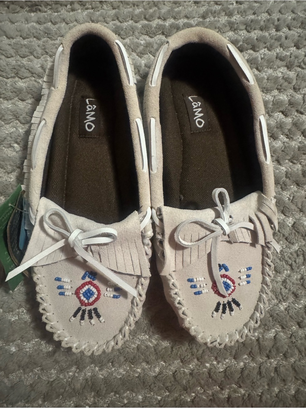 Lamo Light Beige Beaded Fringe Moccasin Slippers
